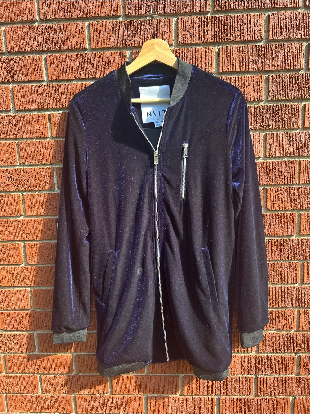 NVLT Navy Blue Velvet Longline Bomber Jacket Size XS
